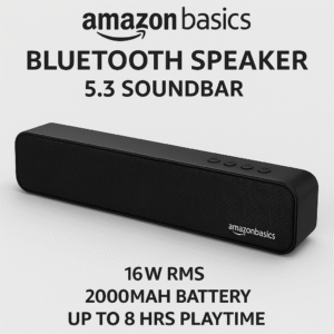 amazon basics Bluetooth Speaker 5.3 Soundbar with 16W RMS, 2000mAh Battery, Upto 8 Hrs @50% Volum Playtime Aux/USB Port (Black)