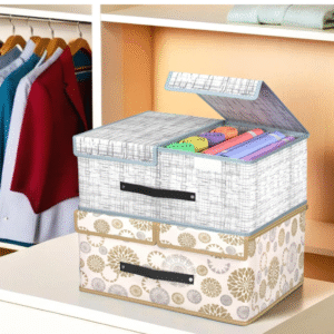 Kuber Industries (Pack of 2) Cloth Organizer for Wardrobe (Small) Foldable Storage Box with Double Lid | Drawer Organiser | White & Grey