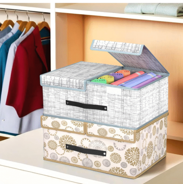 Kuber Industries (Pack of 2) Cloth Organizer for Wardrobe (Small) Foldable Storage Box with Double Lid | Drawer Organiser | White & Grey