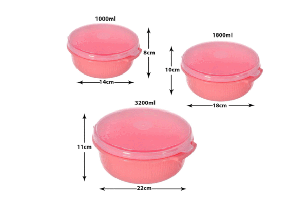 Heart Home Food Grade, Microwave & Freezer Safe Plastic Bowls, Food Storage Container Set with Lid, Set of 3 (3200ml, 1800ml, 1000ml) (Pink)-46KHH0144