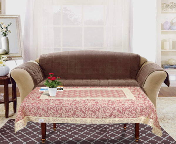 Heart Home Leaf Design Cotton 4 Seater Center Table Cover 40"x60"(Pink)-HHEART15497