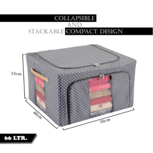 Kuber Industries 66 Liter Clothes Storage Box | Wardrobe Organizer | Parachute Steel Frame Drawer Organizer | Waterproof Underbed Storage Bag | Storage Box for Blankets | Dot Print | Grey