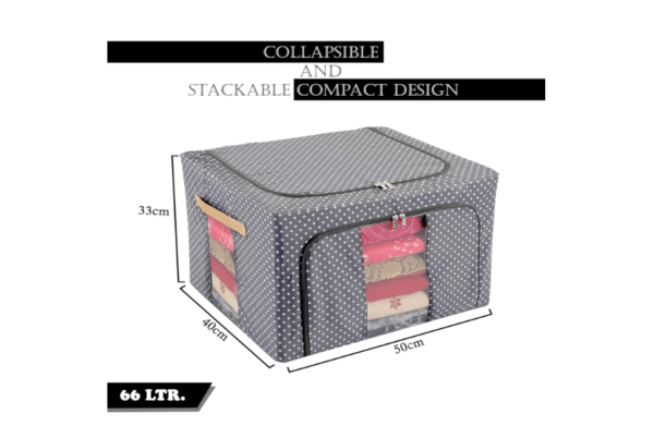 Kuber Industries 66 Liter Clothes Storage Box | Wardrobe Organizer | Parachute Steel Frame Drawer Organizer | Waterproof Underbed Storage Bag | Storage Box for Blankets | Dot Print | Grey