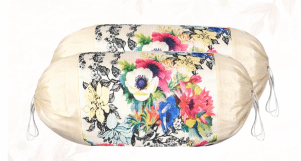 Heart Home Set of 2 Bolster/Side Pillow Cover | 16"x32" Cylindrical Masland/Masand Long Pillow Cover For Diwan Pillows | Mix Flower-Cream